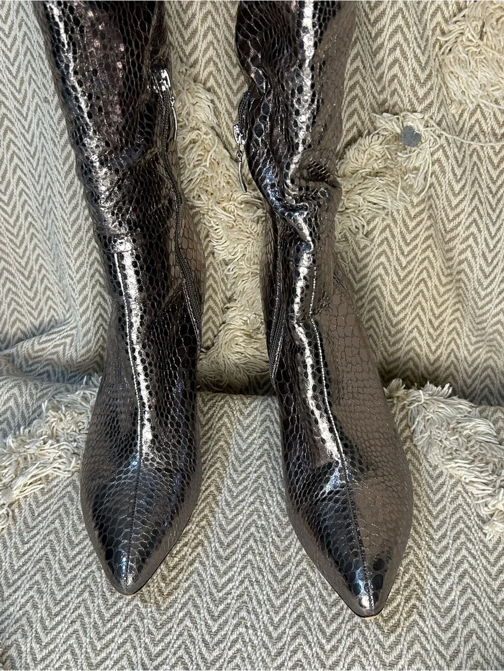 Michael Shannon Metallic Black Snake-Embossed Over-the-Knee Boots